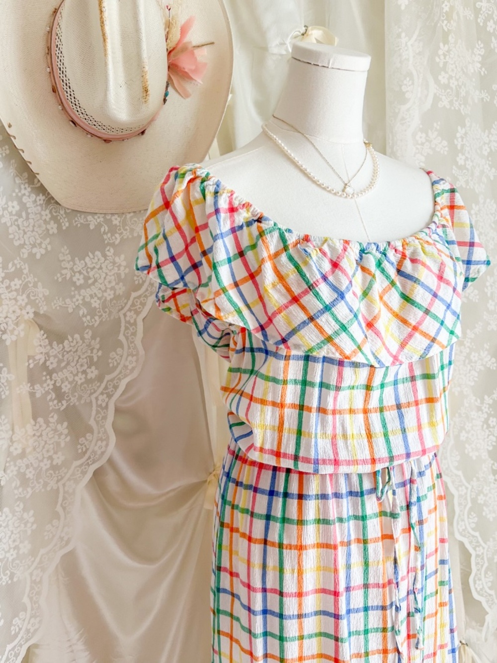 Rainbow Plaid Prairie Maxi Dress Cottagecore Picnic Sundress - Picture 3 of 6